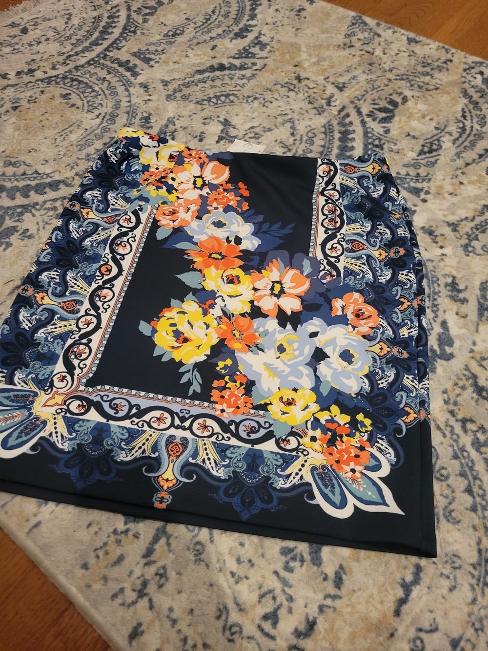 Cato NWT XL Navy Floral Border Pencil Skirt with Yellow & Orange Flowers
